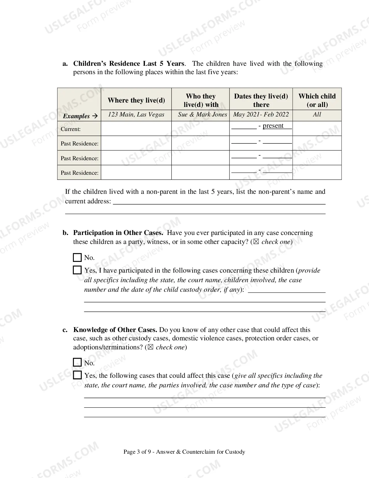 Preview Answer and Counterclaim for Custody and UCCJEA Declaration - Clark County