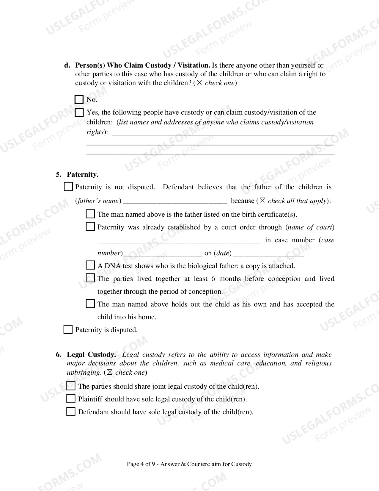 Preview Answer and Counterclaim for Custody and UCCJEA Declaration - Clark County