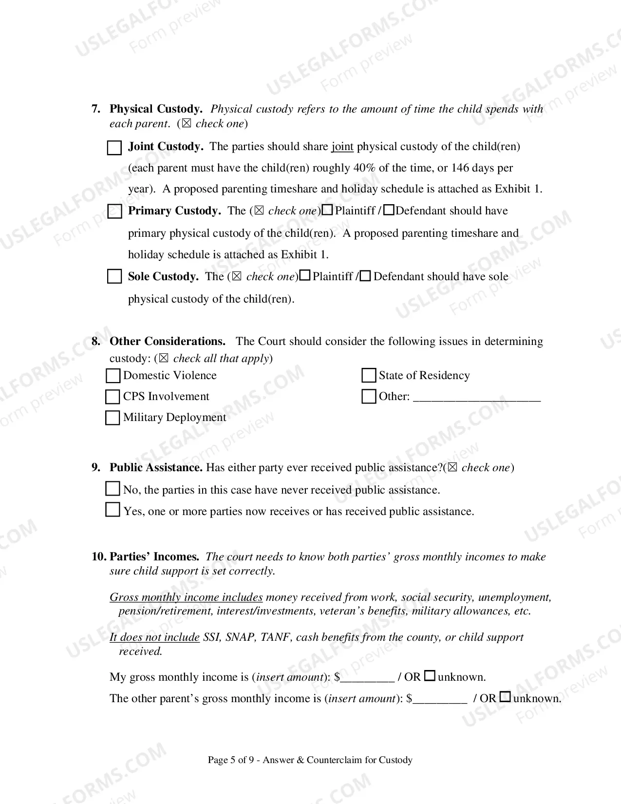 Preview Answer and Counterclaim for Custody and UCCJEA Declaration - Clark County