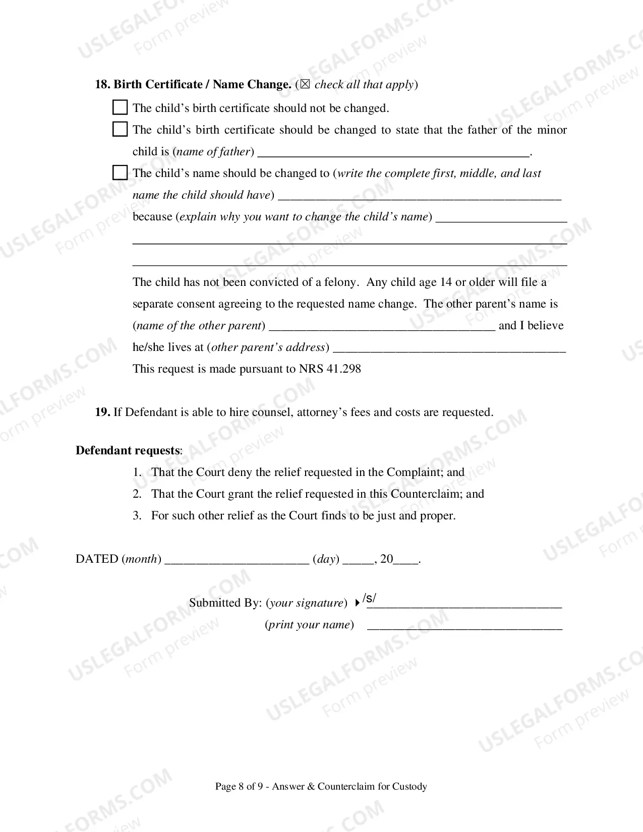 Preview Answer and Counterclaim for Custody and UCCJEA Declaration - Clark County