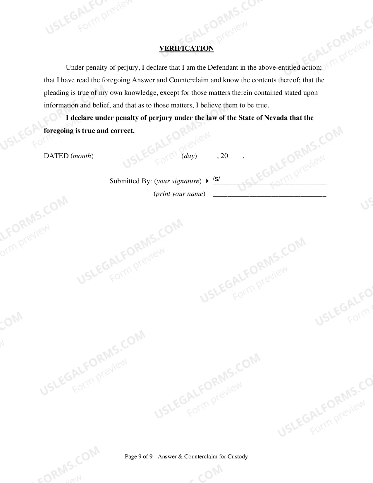 Preview Answer and Counterclaim for Custody and UCCJEA Declaration - Clark County