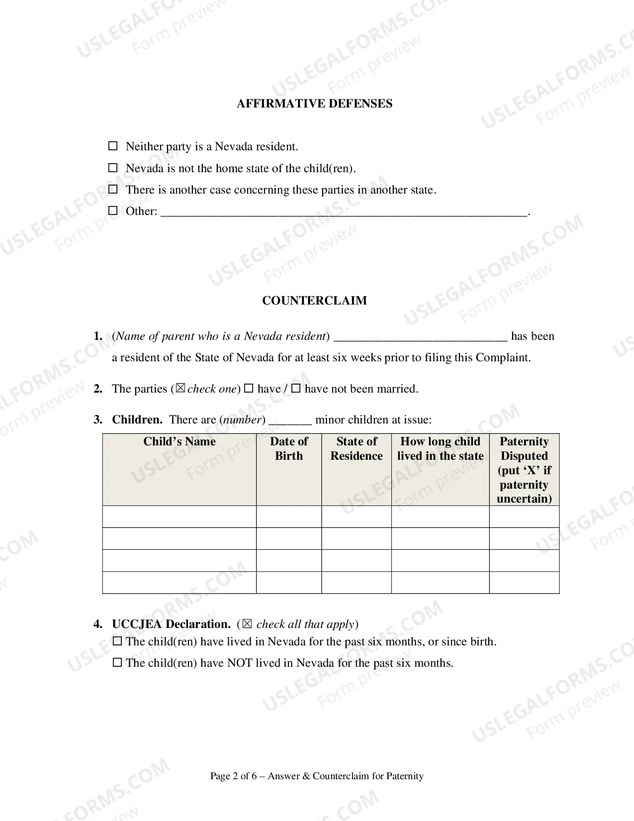 Preview Answer and Counterclaim for Paternity - Clark County