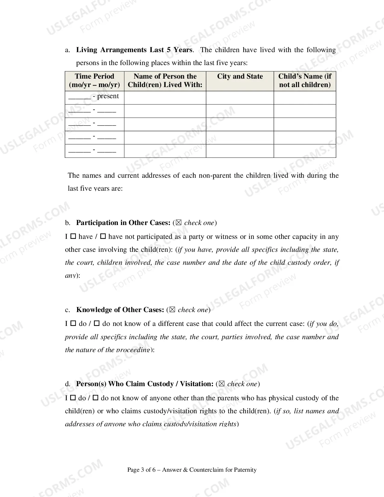 Preview Answer and Counterclaim for Paternity - Clark County