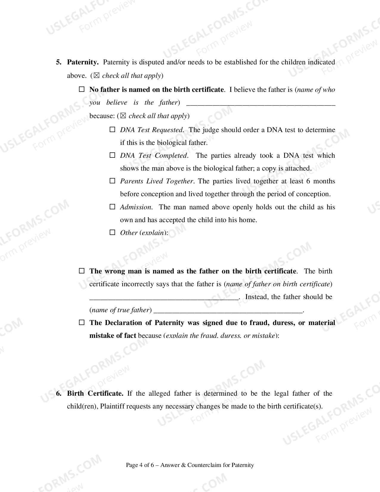 Preview Answer and Counterclaim for Paternity - Clark County