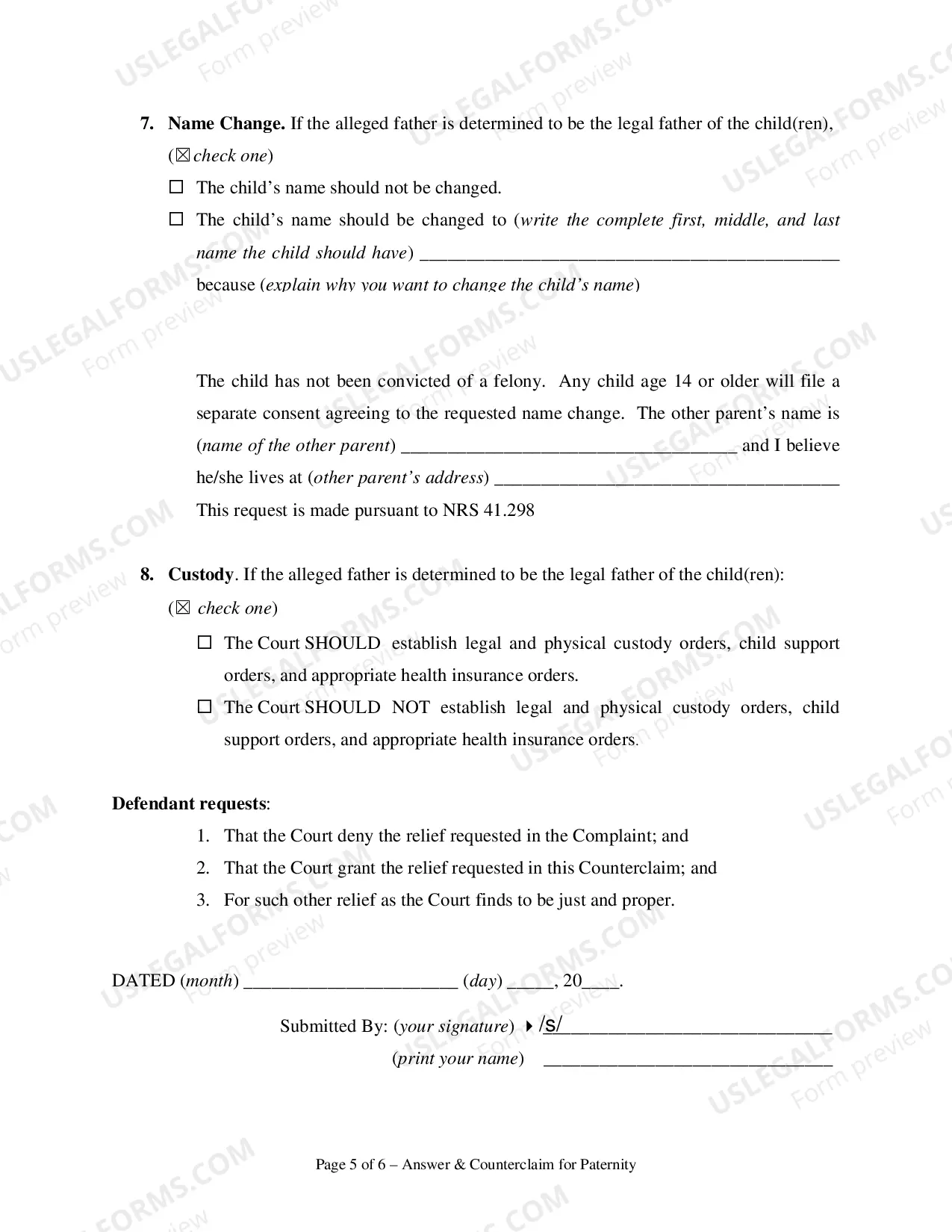 Preview Answer and Counterclaim for Paternity - Clark County