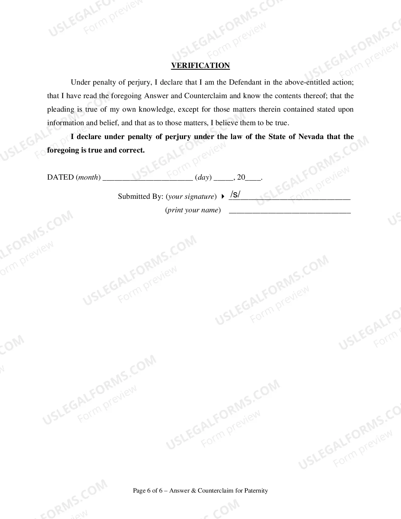 Preview Answer and Counterclaim for Paternity - Clark County
