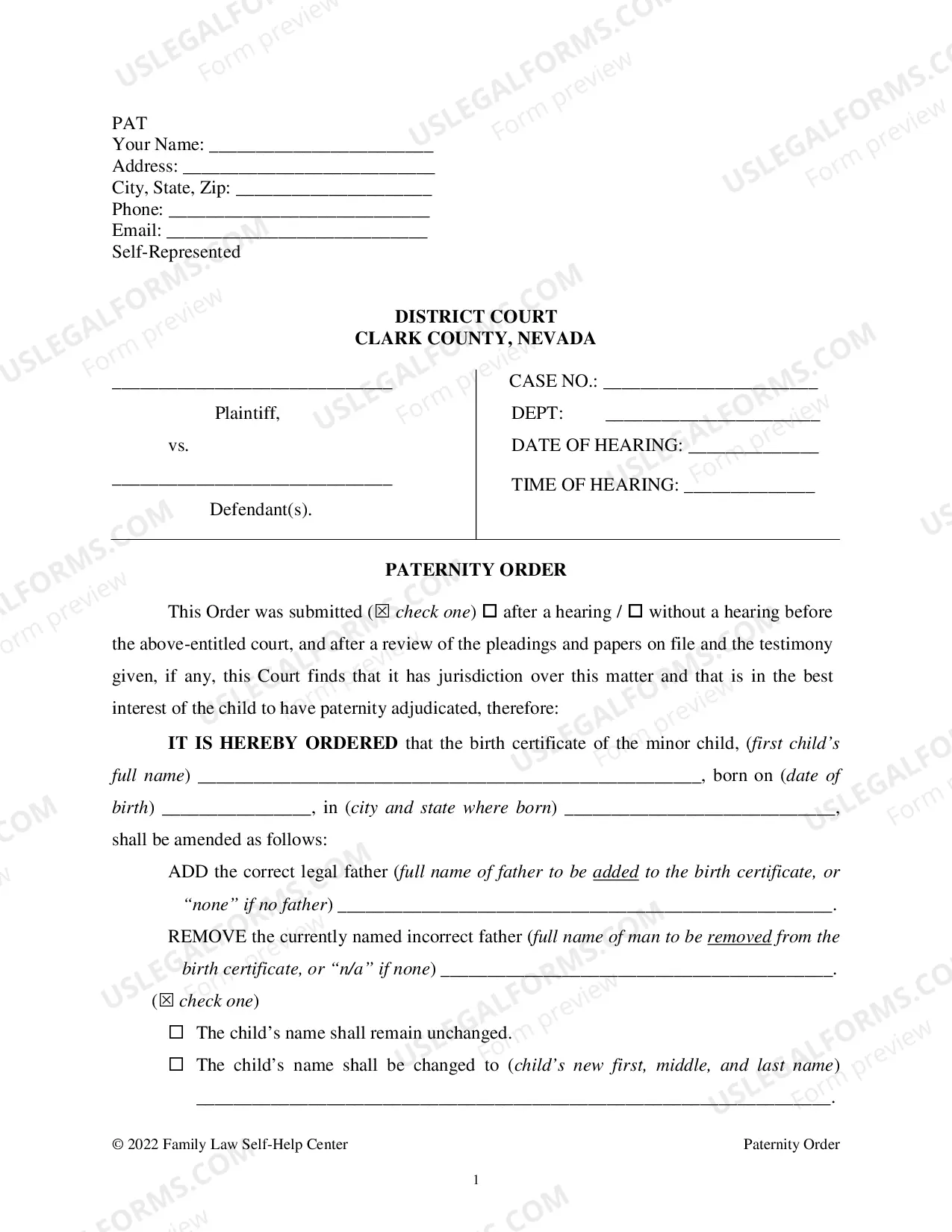 Preview Paternity Order Packet - Clark County