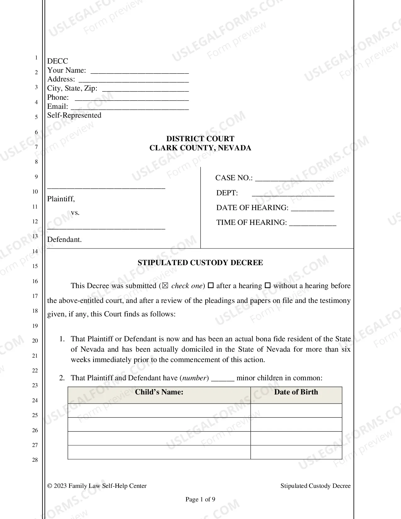 Preview Stipulated Custody Decree Packet - Clark County