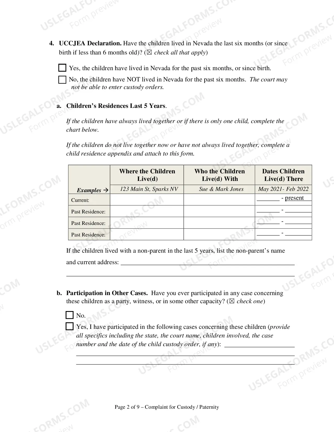 Preview Complaint for Custody and UCCJEA Declaration