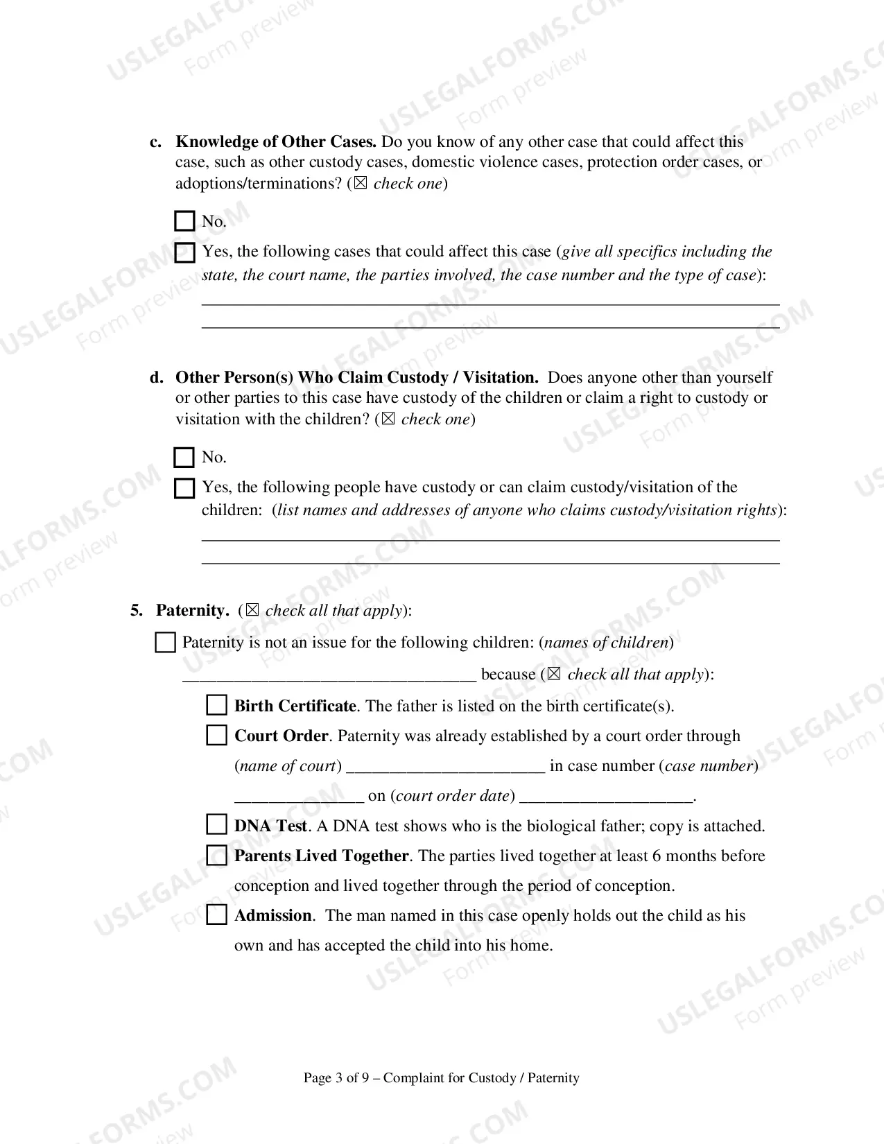 Preview Complaint for Custody and UCCJEA Declaration