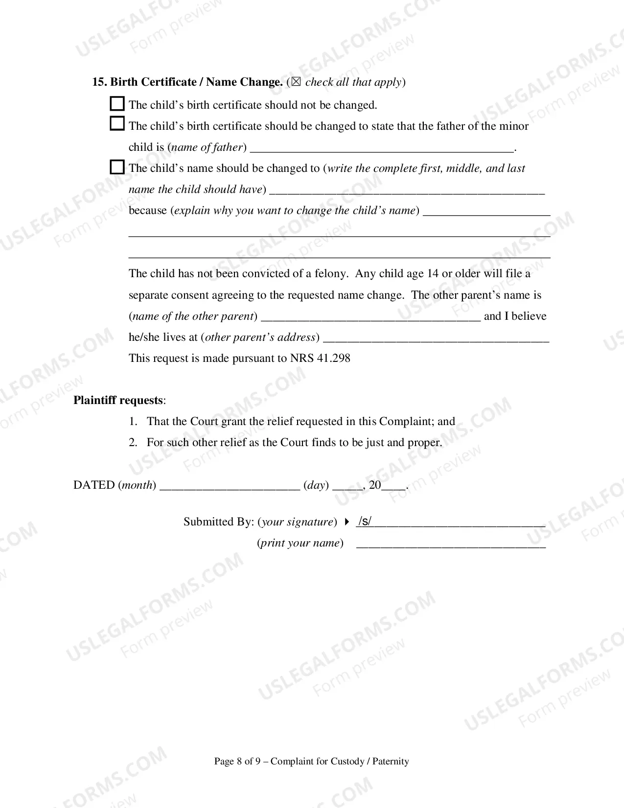 Preview Complaint for Custody and UCCJEA Declaration