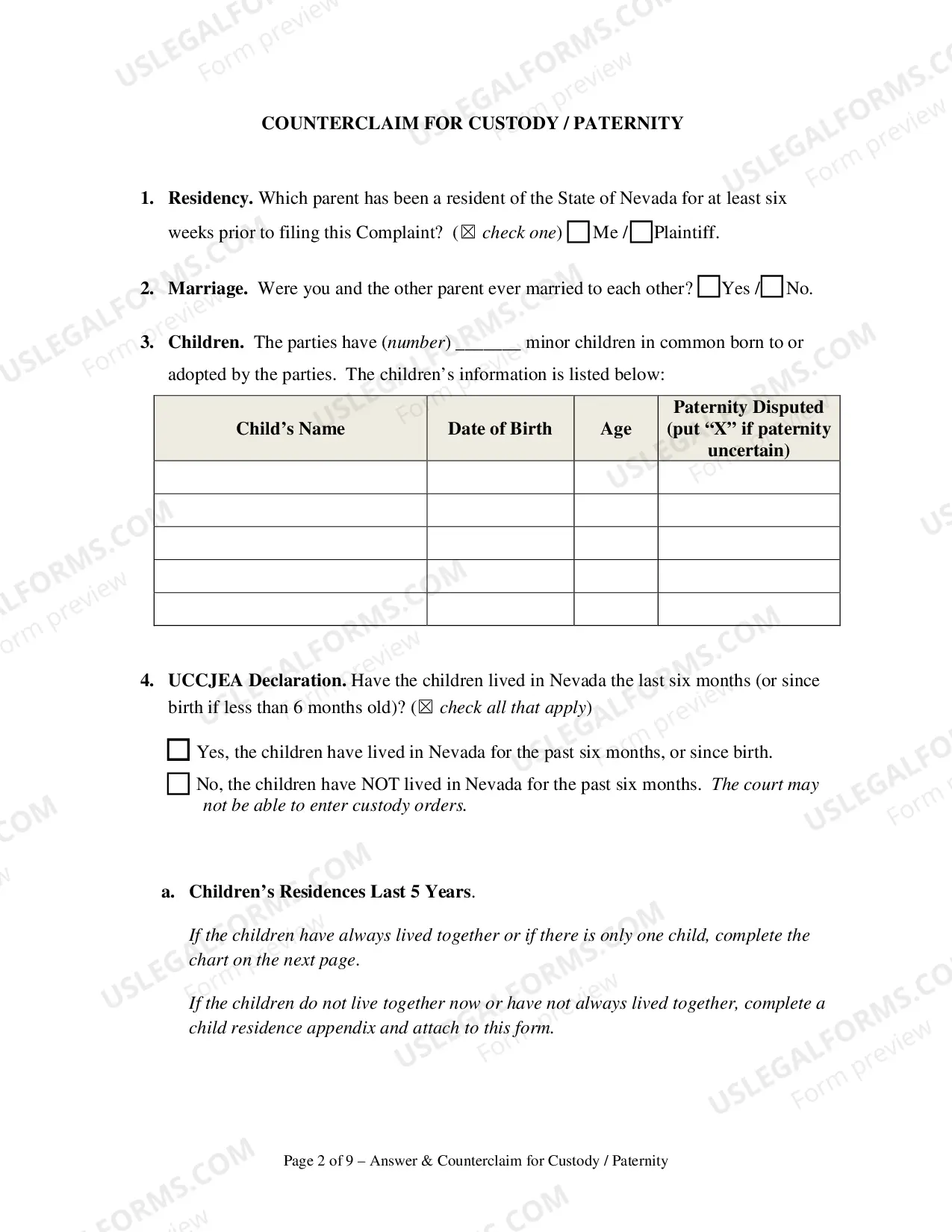 Preview Answer and Counterclaim for Custody or Paternity and UCCJEA Declaration