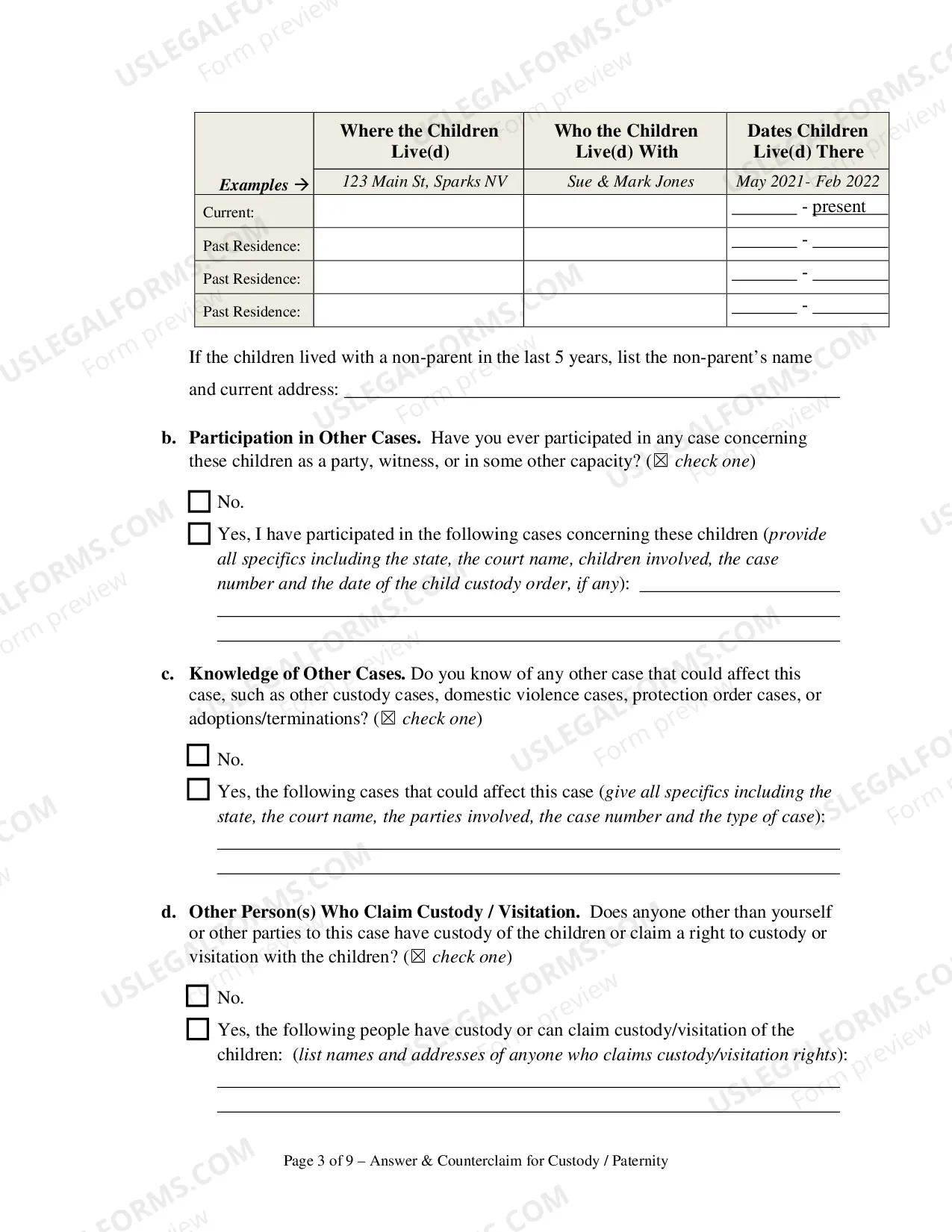 Preview Answer and Counterclaim for Custody or Paternity and UCCJEA Declaration