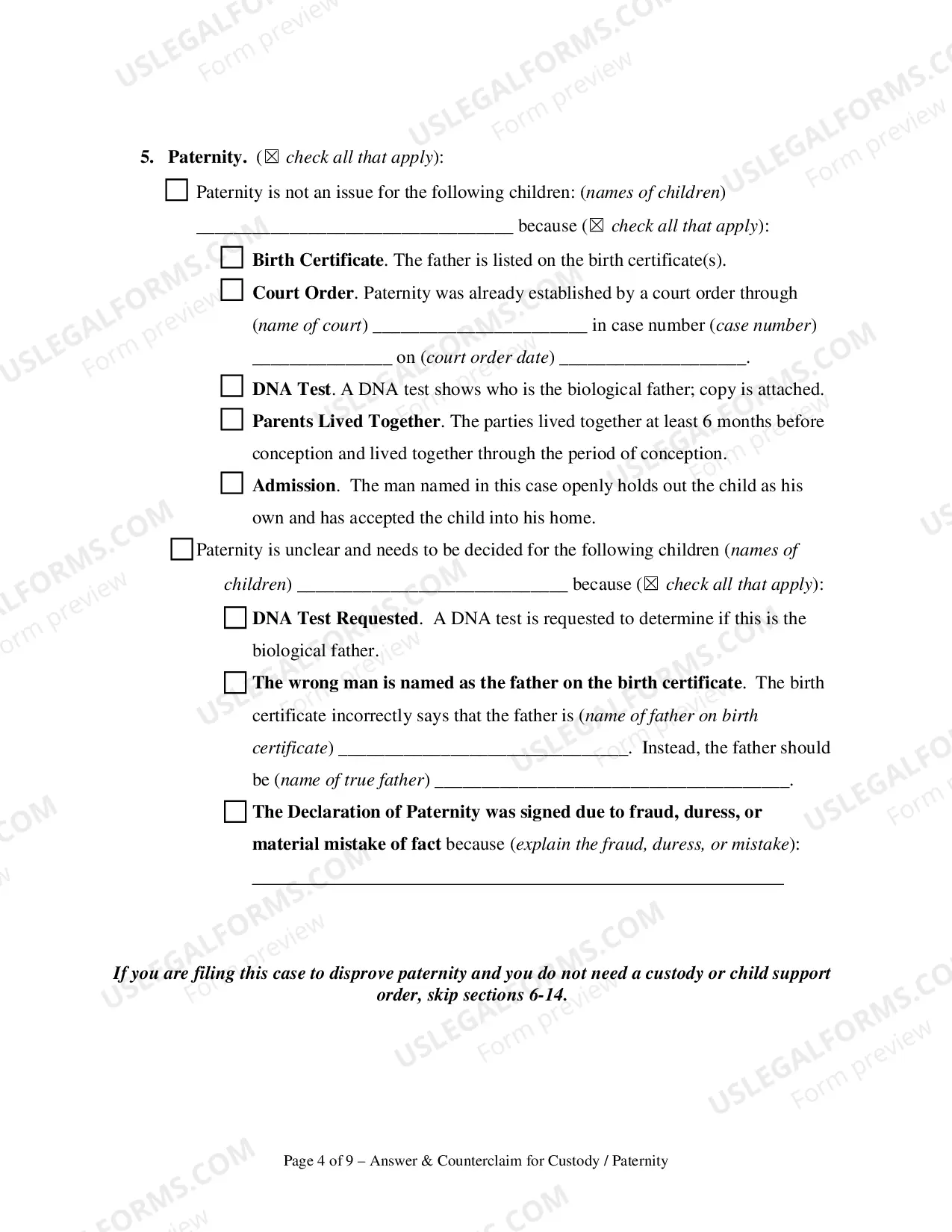 Preview Answer and Counterclaim for Custody or Paternity and UCCJEA Declaration