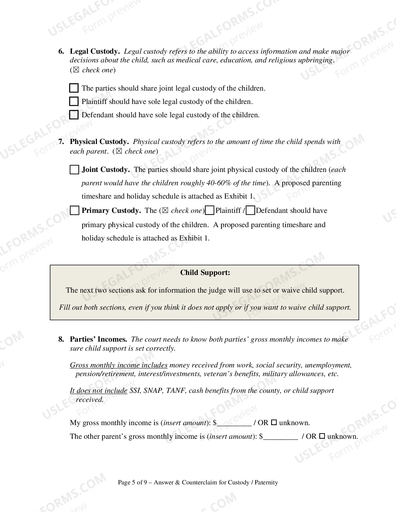 Preview Answer and Counterclaim for Custody or Paternity and UCCJEA Declaration