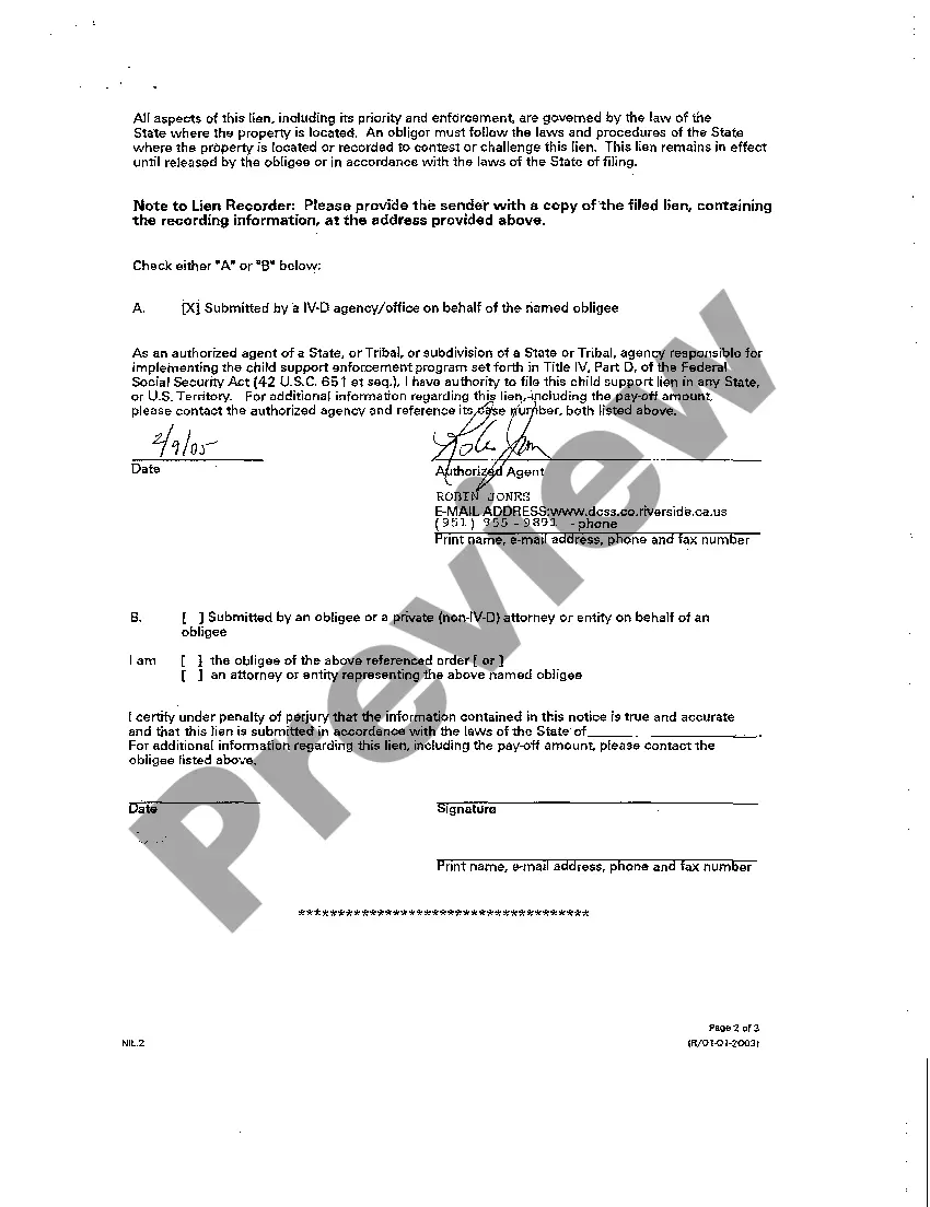 Preview Notice of Lien Due to Unpaid Child Support