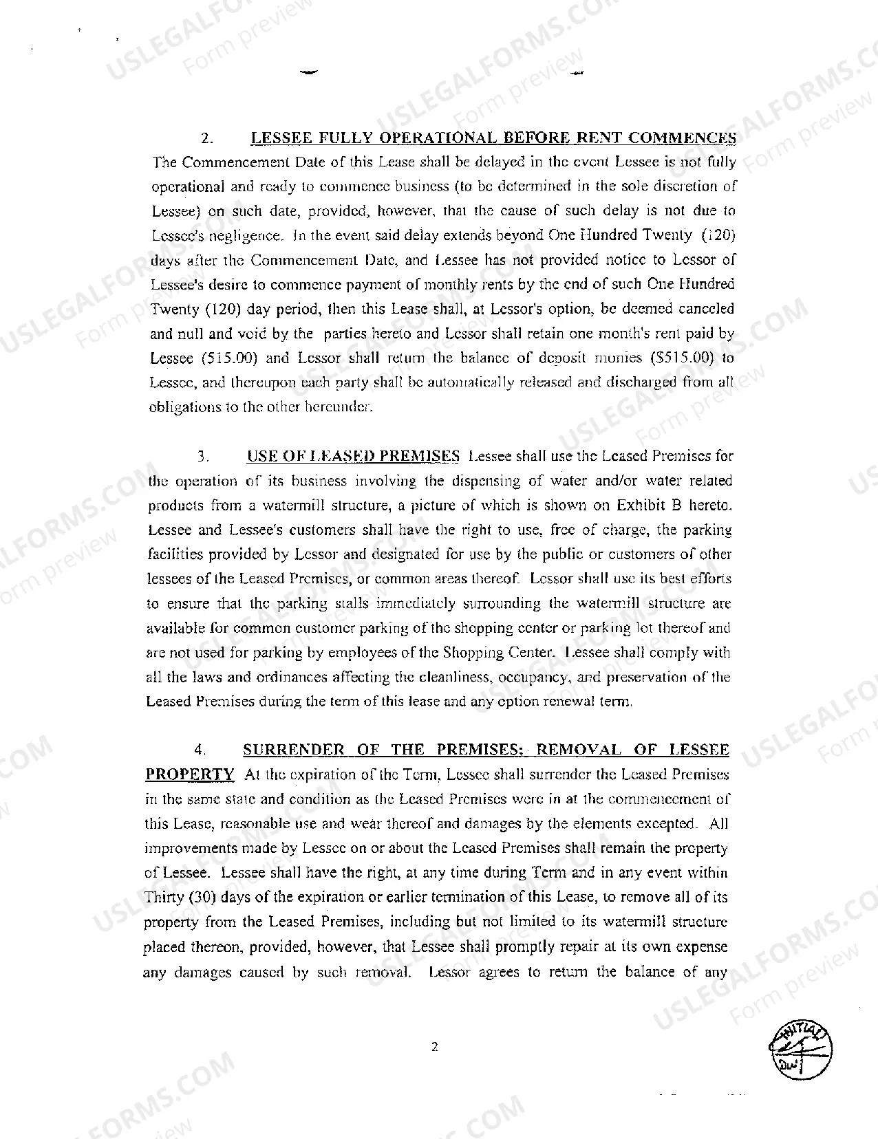 Preview Commercial Lease Agreement Involving Dispensing of Water