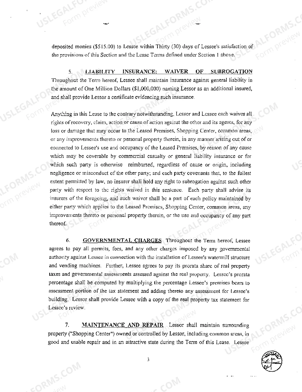 Preview Commercial Lease Agreement Involving Dispensing of Water