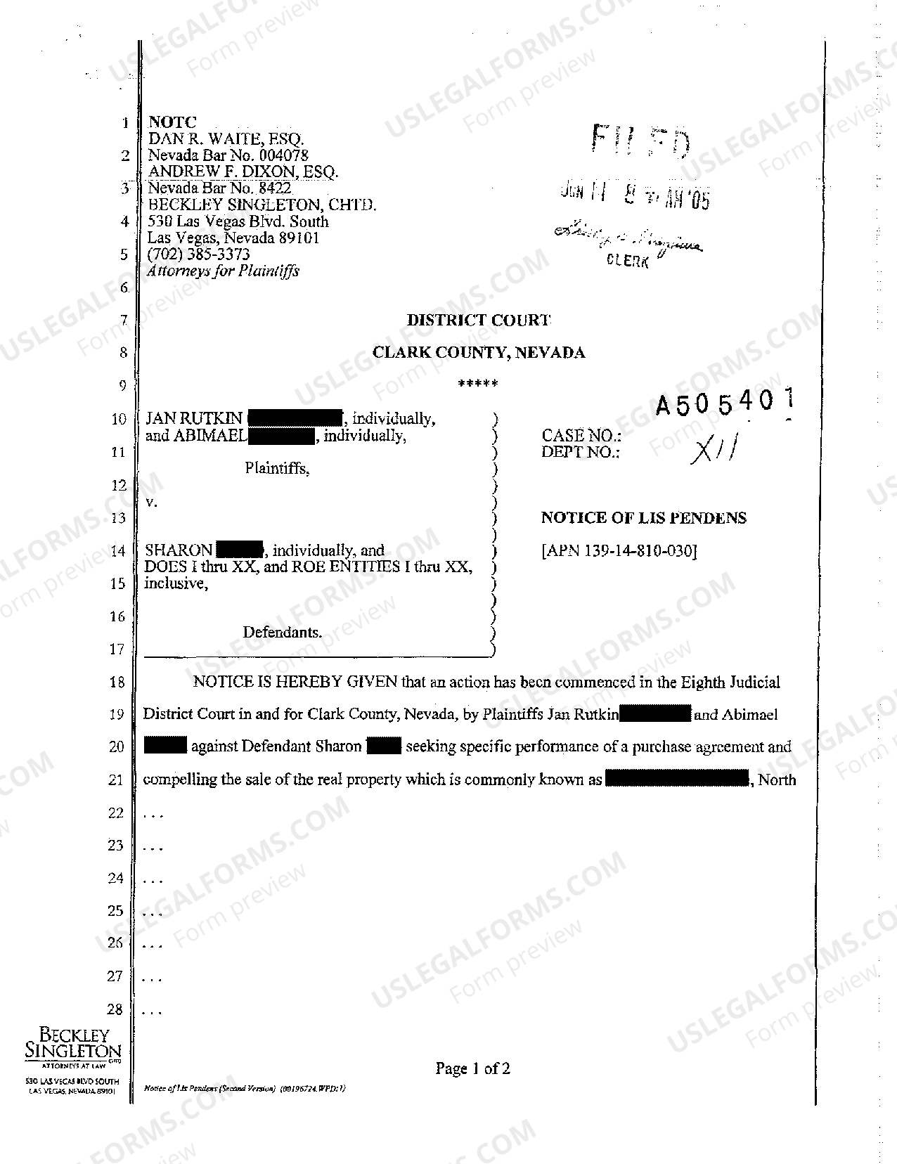 Las Vegas Nevada Notice of Lis Pendens Lis Pendens Nevada US Legal