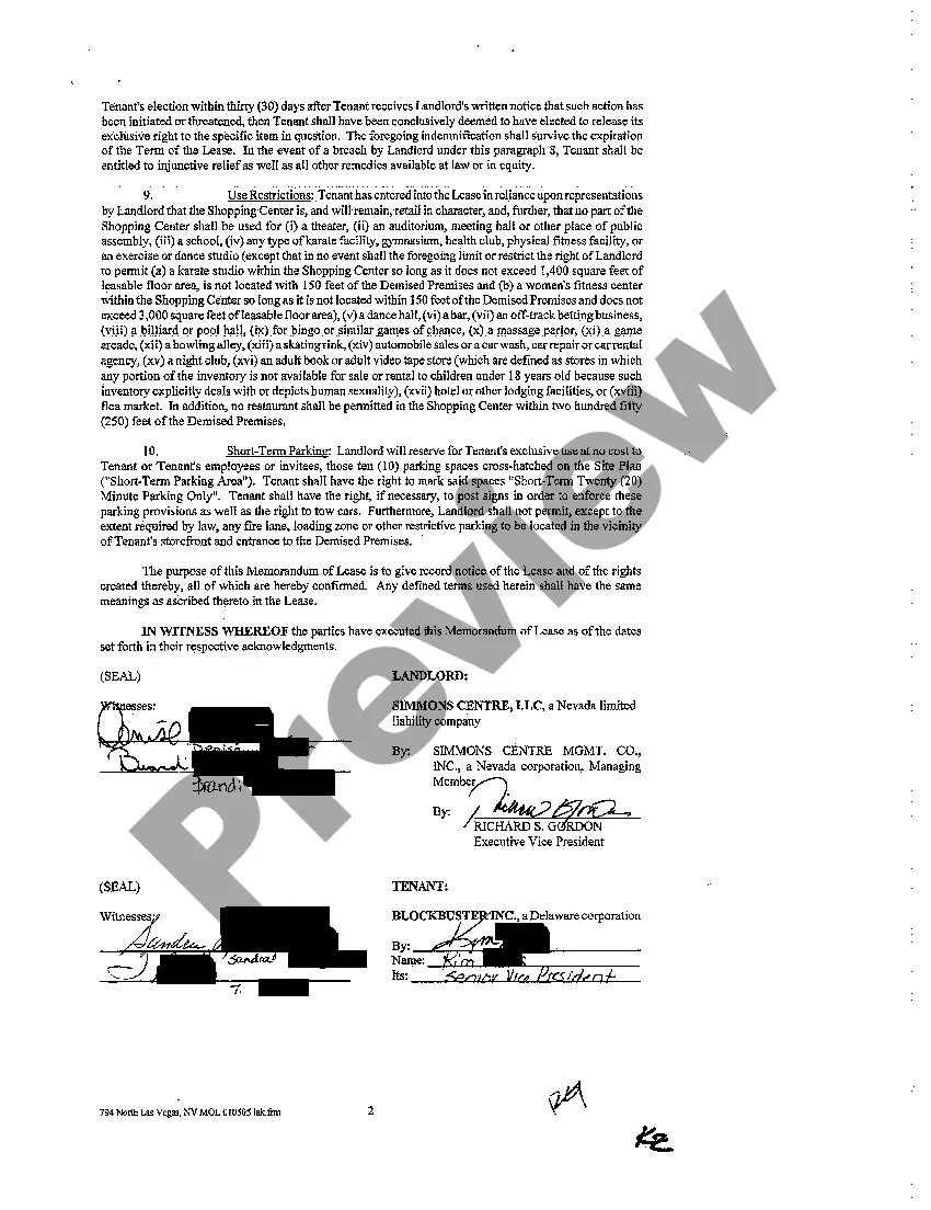 Preview Memorandum of Lease in Shopping Center