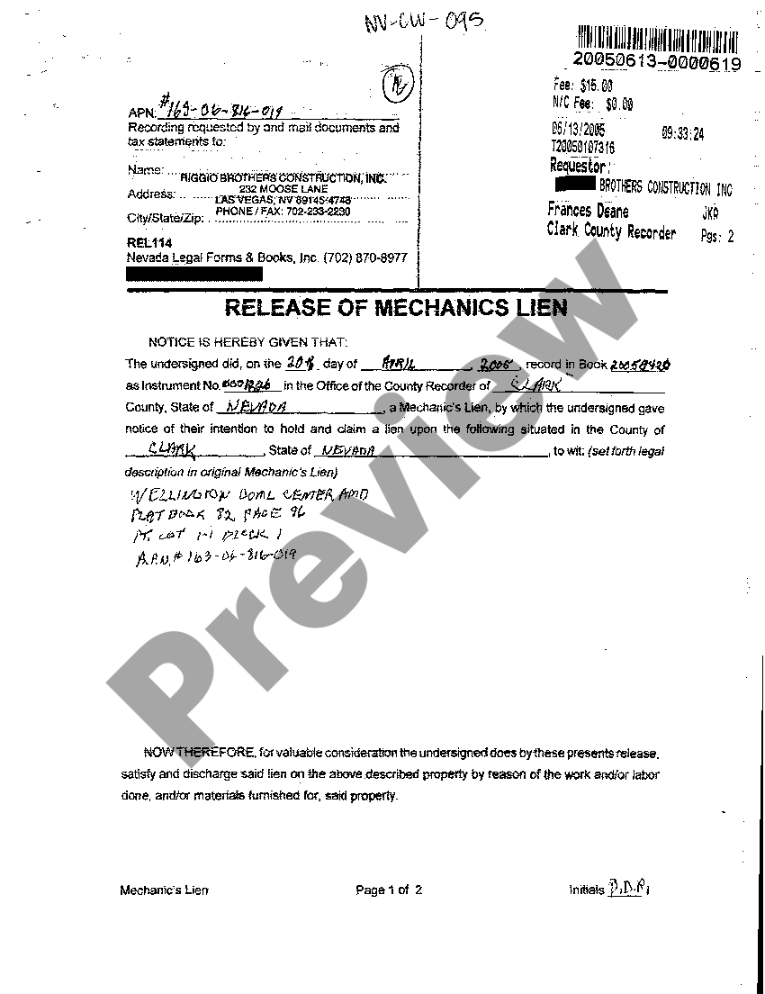 Las Vegas Nevada Release of Mechanic's Lien How To File A Mechanics