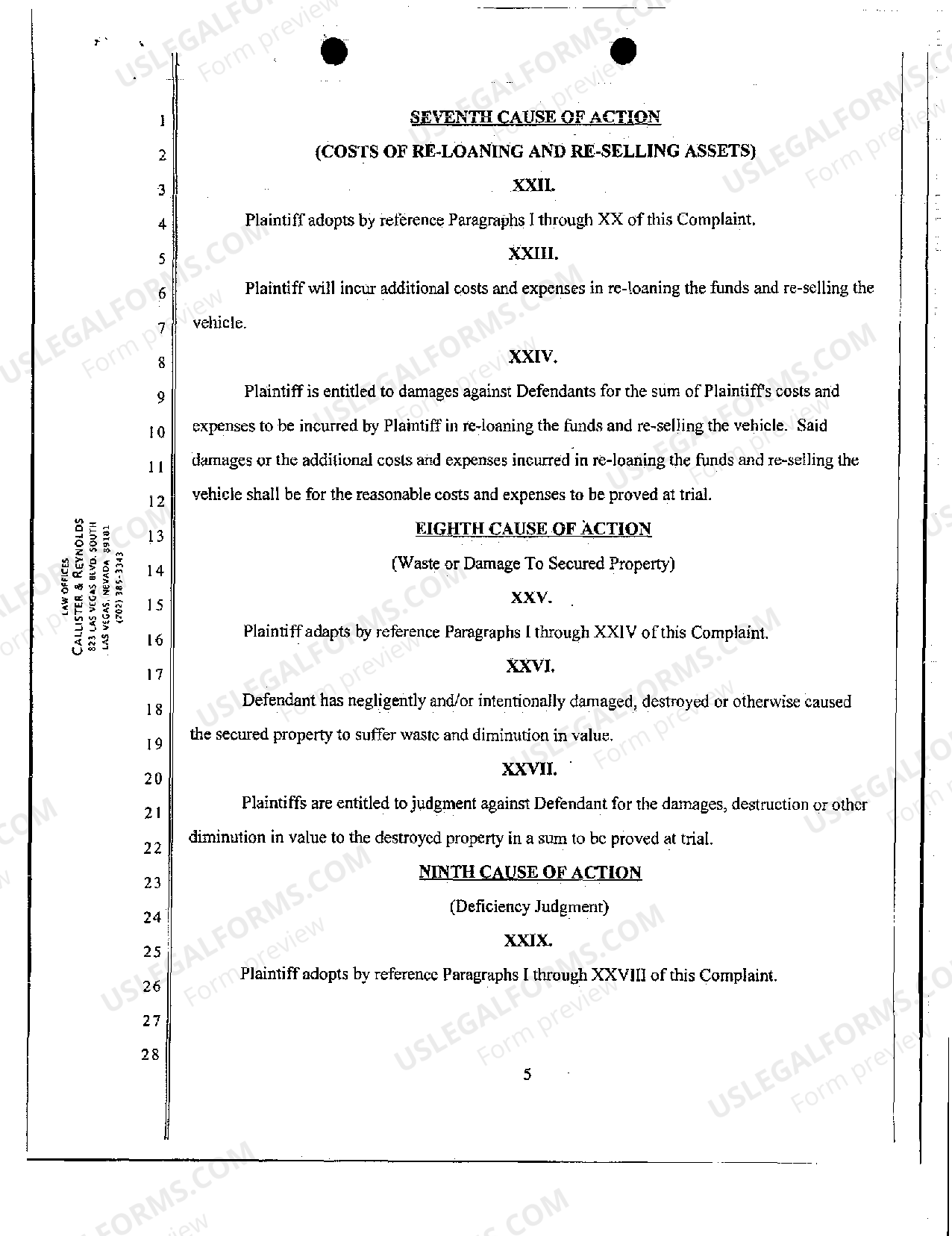 Las Vegas Nevada Verified Complaint for Claim and Delivery and Damages