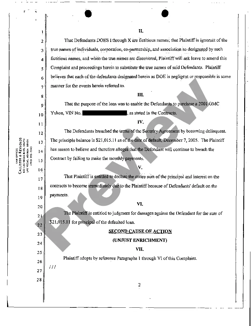 Preview Verified Complaint for Claim and Delivery and Damages - Breach of Contract - Unjust Enrichment - Conversion - Claim and Delivery - Writ of Attachment