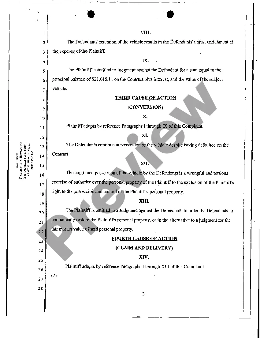 Preview Verified Complaint for Claim and Delivery and Damages - Breach of Contract - Unjust Enrichment - Conversion - Claim and Delivery - Writ of Attachment
