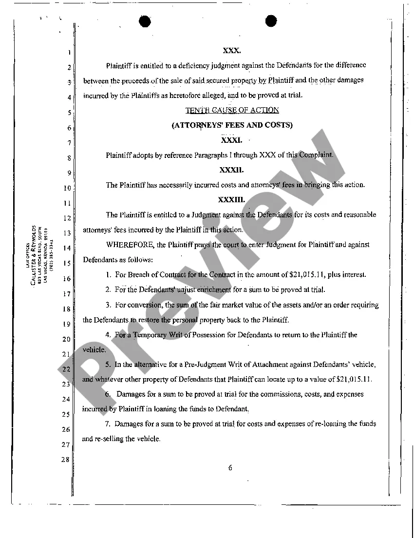 Preview Verified Complaint for Claim and Delivery and Damages - Breach of Contract - Unjust Enrichment - Conversion - Claim and Delivery - Writ of Attachment