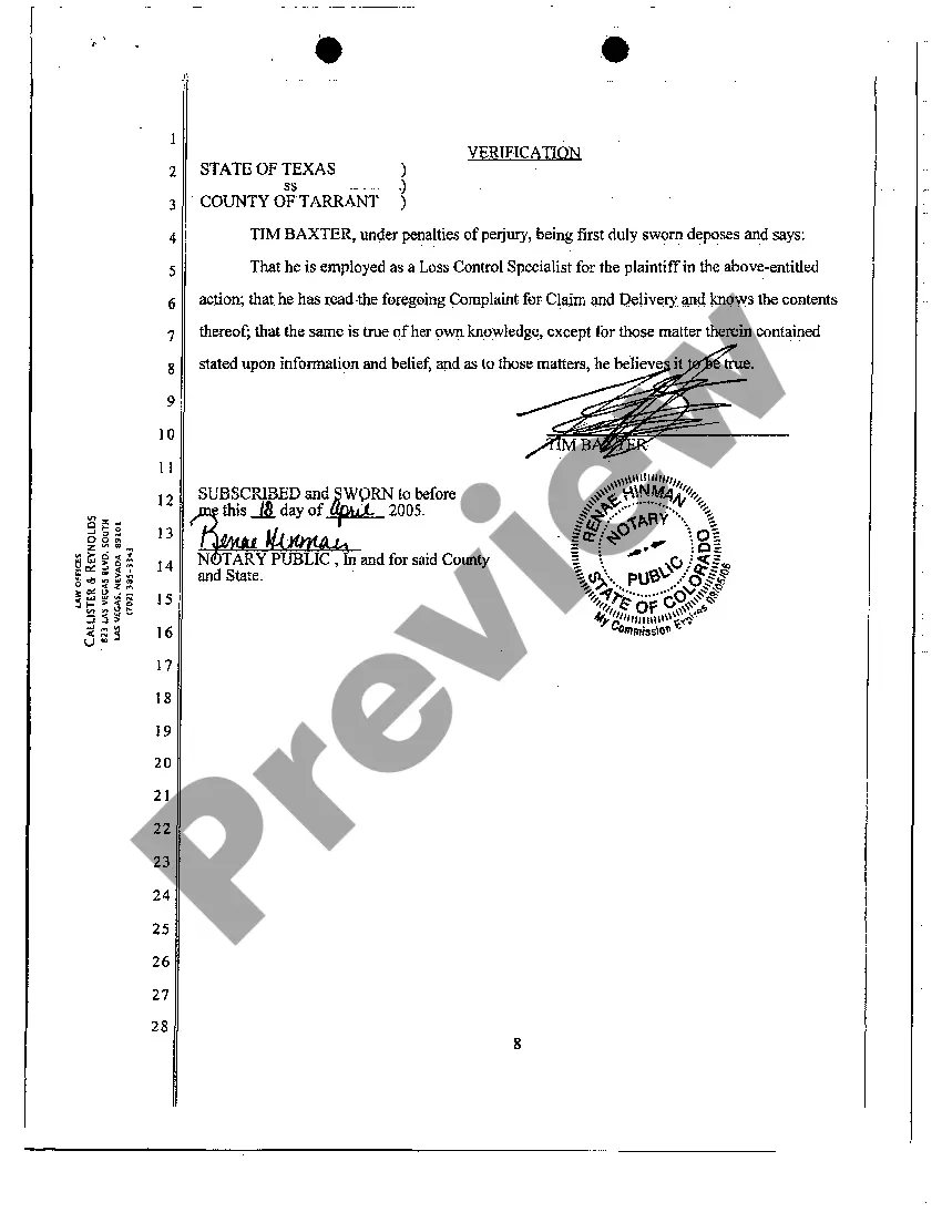 Preview Verified Complaint for Claim and Delivery and Damages - Breach of Contract - Unjust Enrichment - Conversion - Claim and Delivery - Writ of Attachment