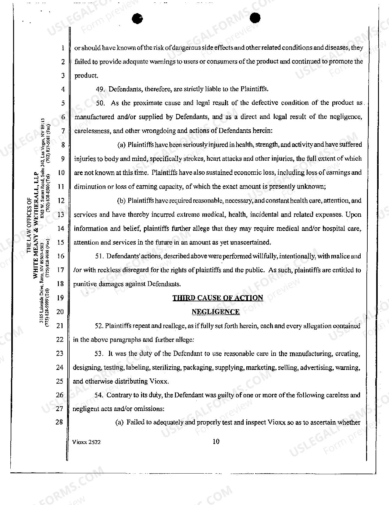 Preview Complaint for Strict Products Liability Vioxx - Failure to Warn - Design Defect - Negligence - Breach of Warranty