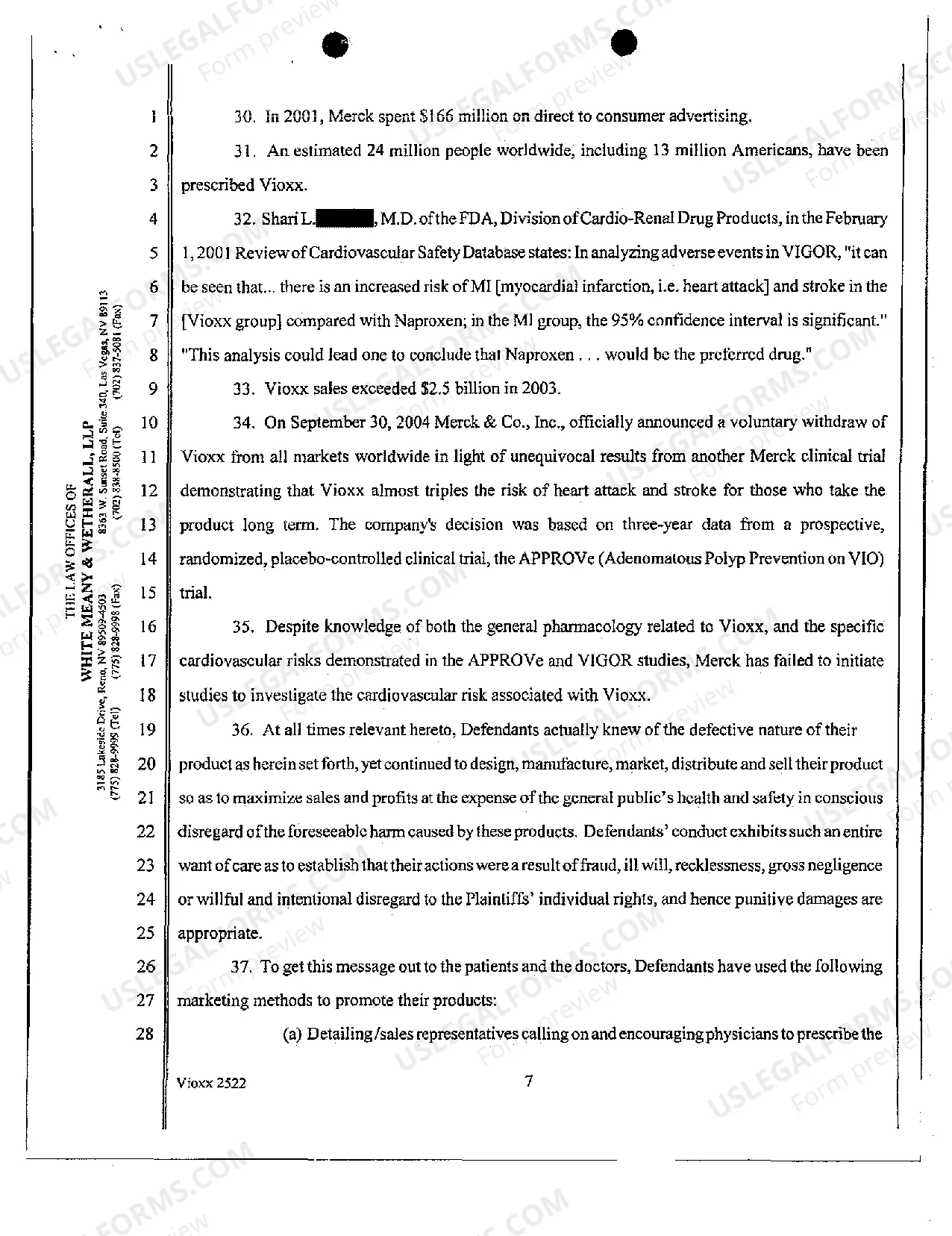 Preview Complaint for Strict Products Liability Vioxx - Failure to Warn - Design Defect - Negligence - Breach of Warranty