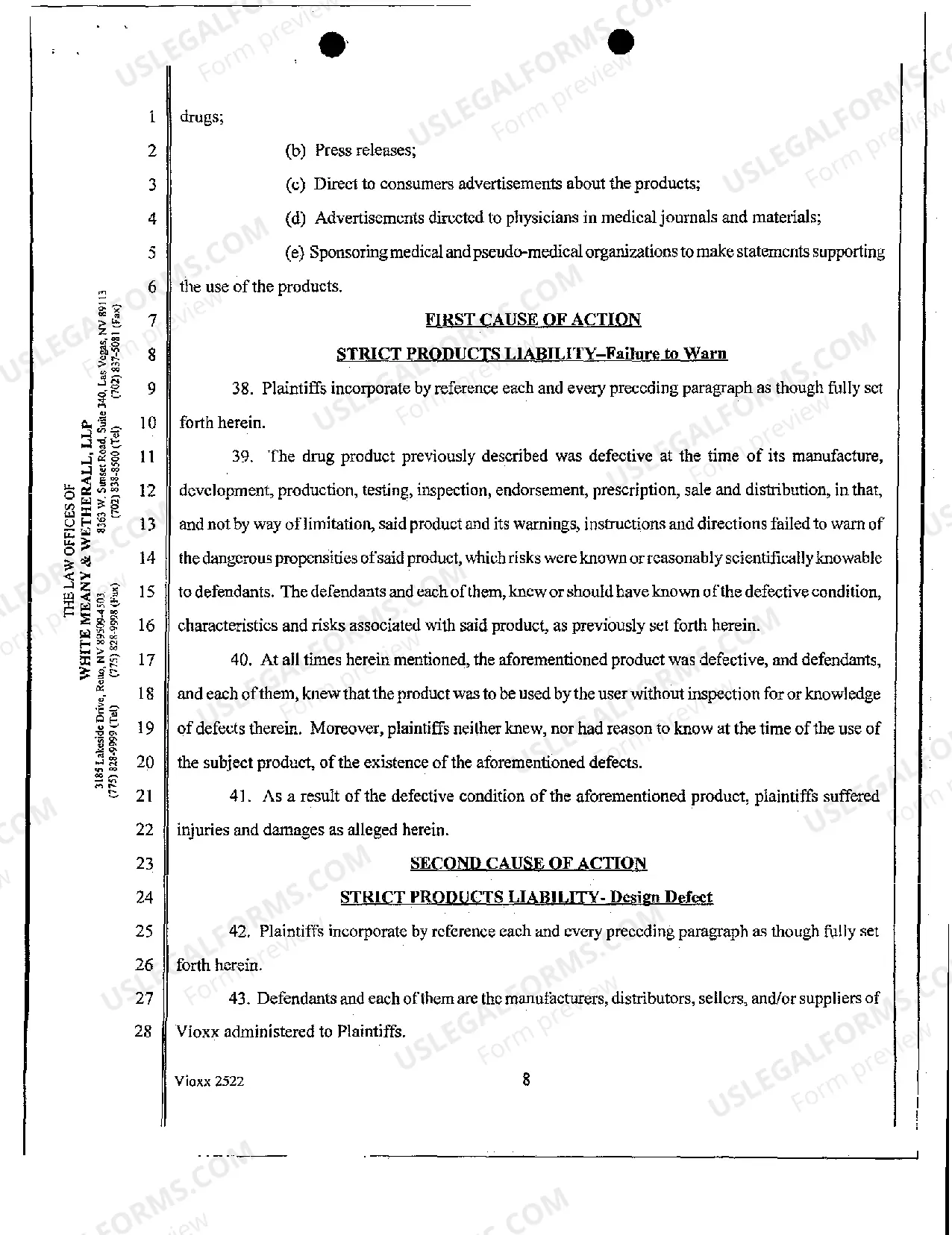 Preview Complaint for Strict Products Liability Vioxx - Failure to Warn - Design Defect - Negligence - Breach of Warranty