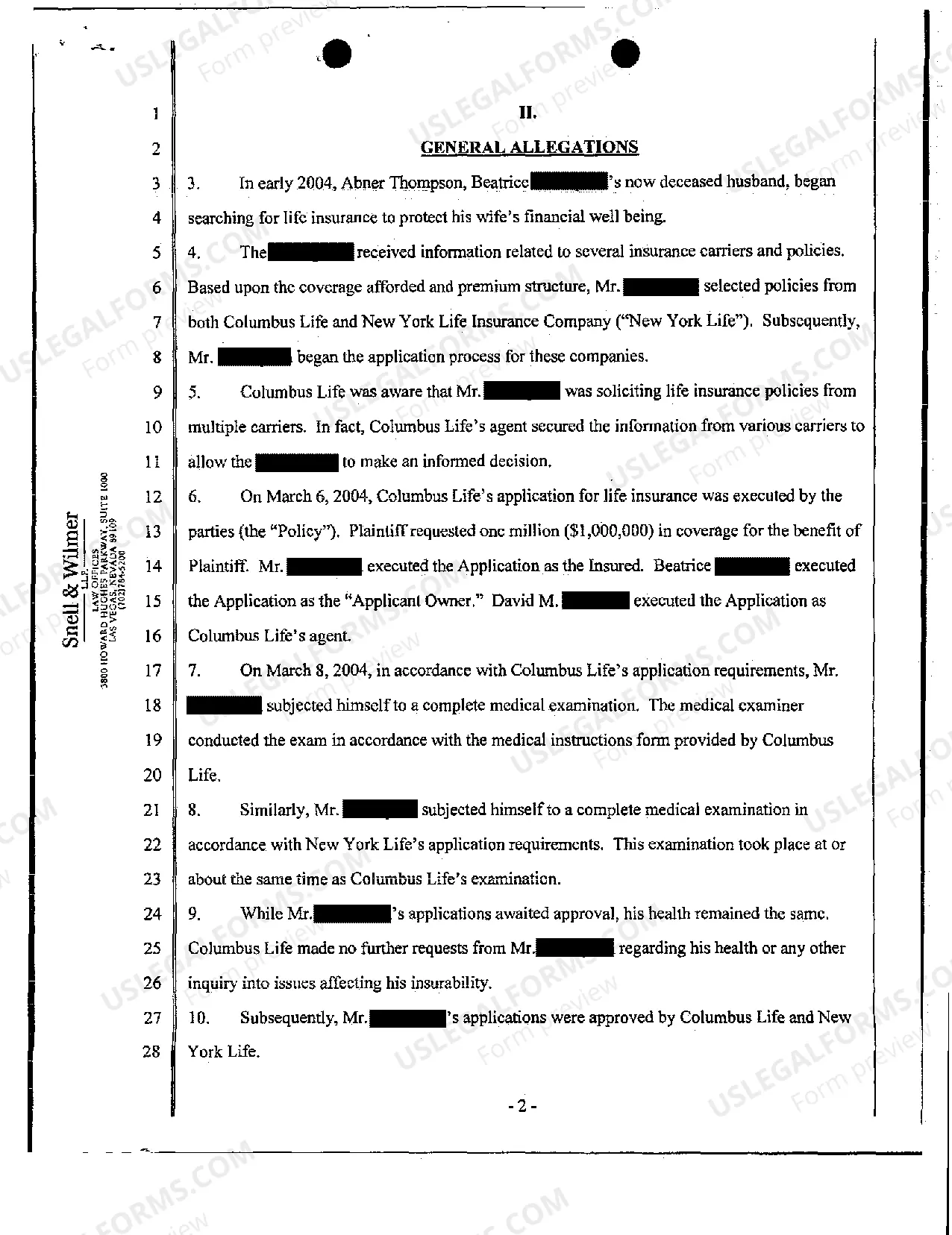 Preview Complaint - Breach of Life Insurance Coverage Policy