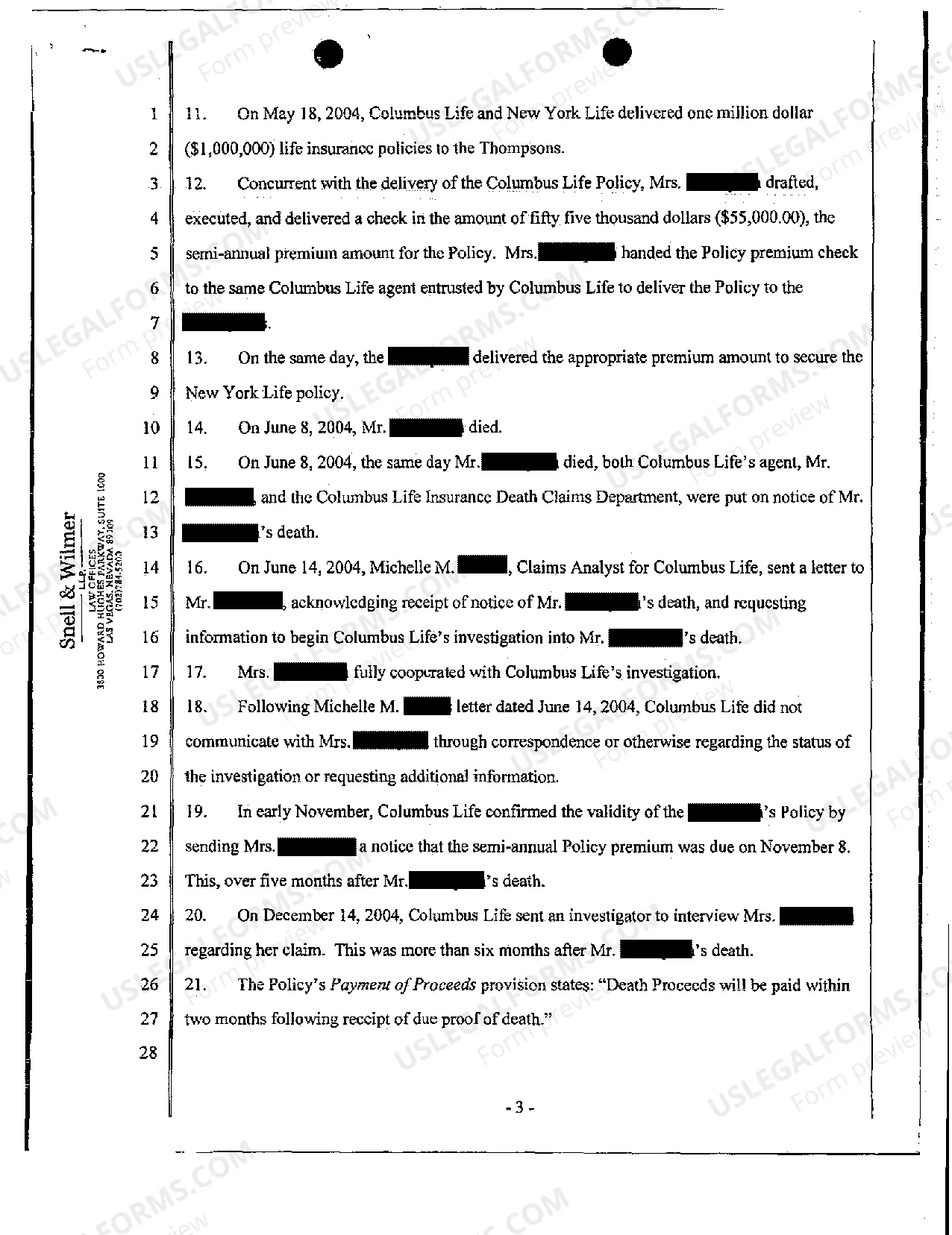 Preview Complaint - Breach of Life Insurance Coverage Policy