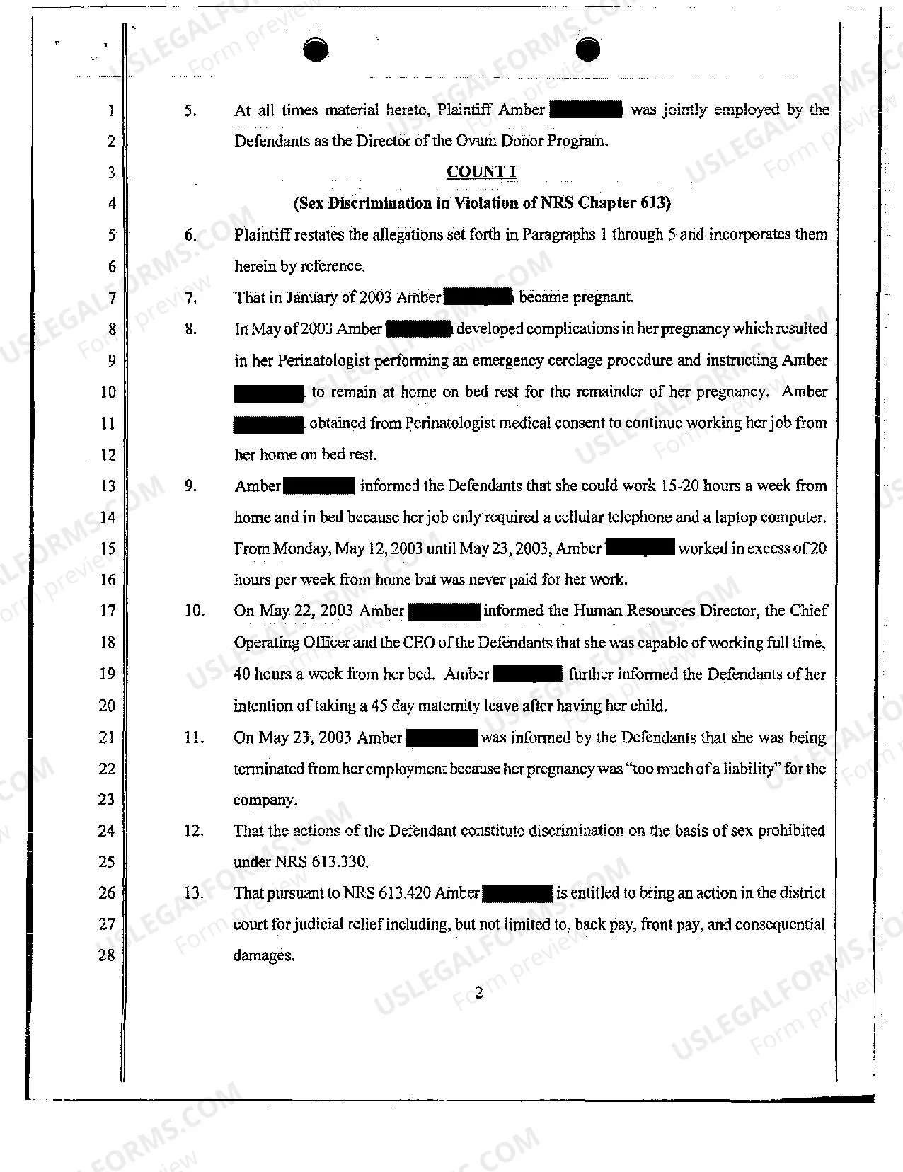 Preview Complaint - Sex Discrimination Resulting Wrongful Termination