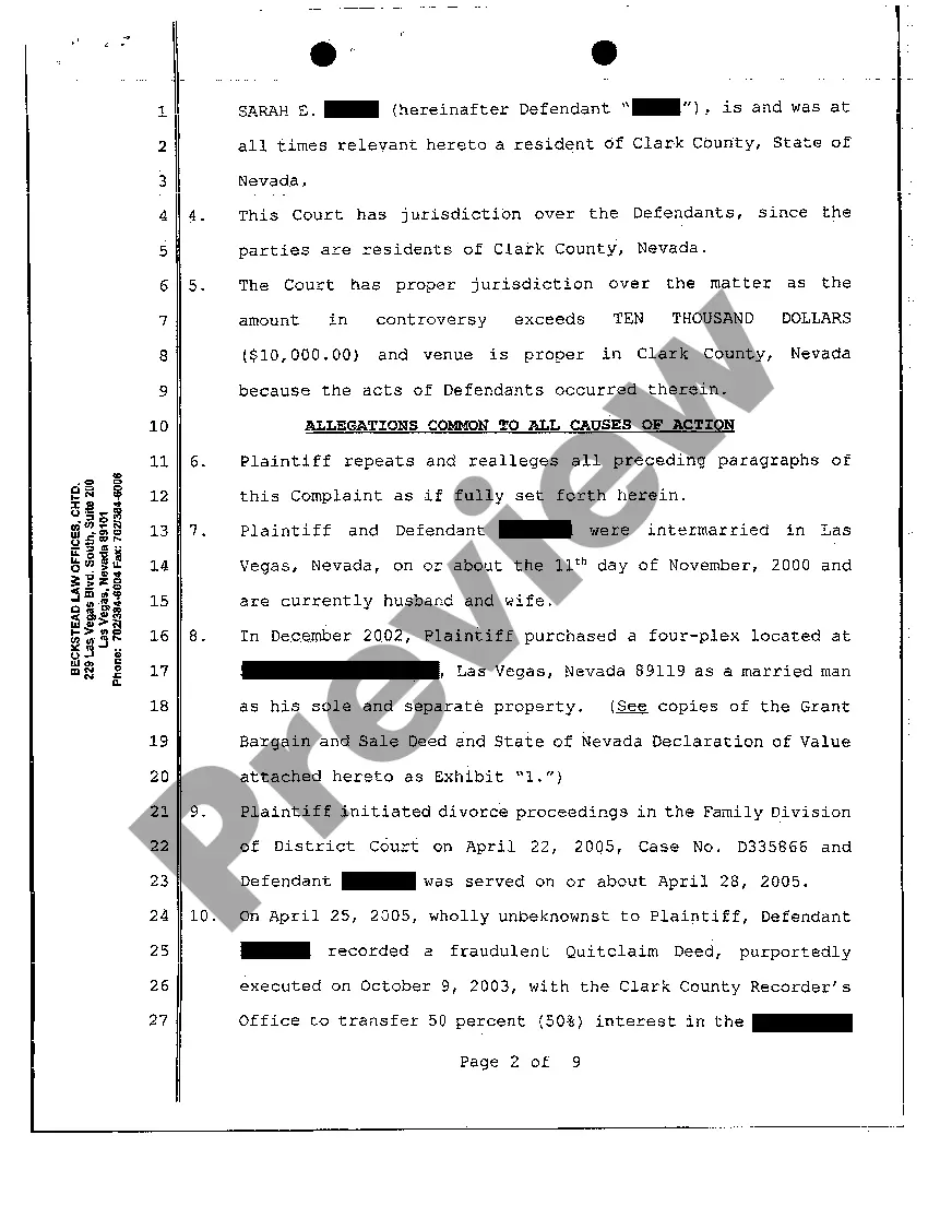 Get Verified Complaint - Complaint to Quiet Title Due to Forged Quitclaim Deed Preview Verified Complaint - Complaint to Quiet Title Due to Forged Quitclaim Deed