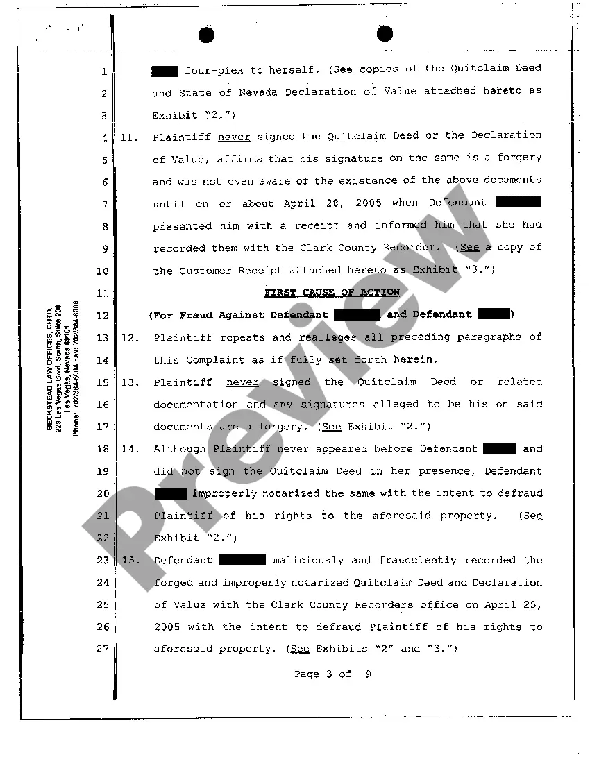 Get Verified Complaint - Complaint to Quiet Title Due to Forged Quitclaim Deed Preview Verified Complaint - Complaint to Quiet Title Due to Forged Quitclaim Deed