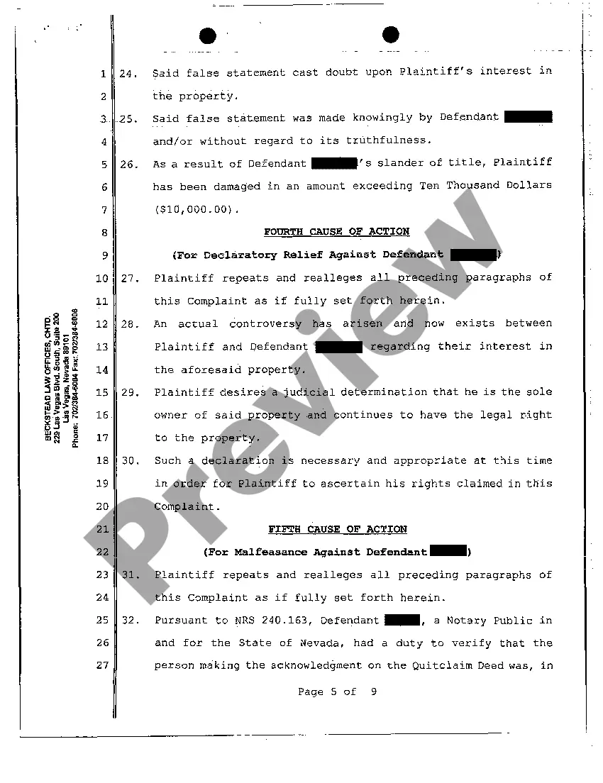 Get Verified Complaint - Complaint to Quiet Title Due to Forged Quitclaim Deed Preview Verified Complaint - Complaint to Quiet Title Due to Forged Quitclaim Deed