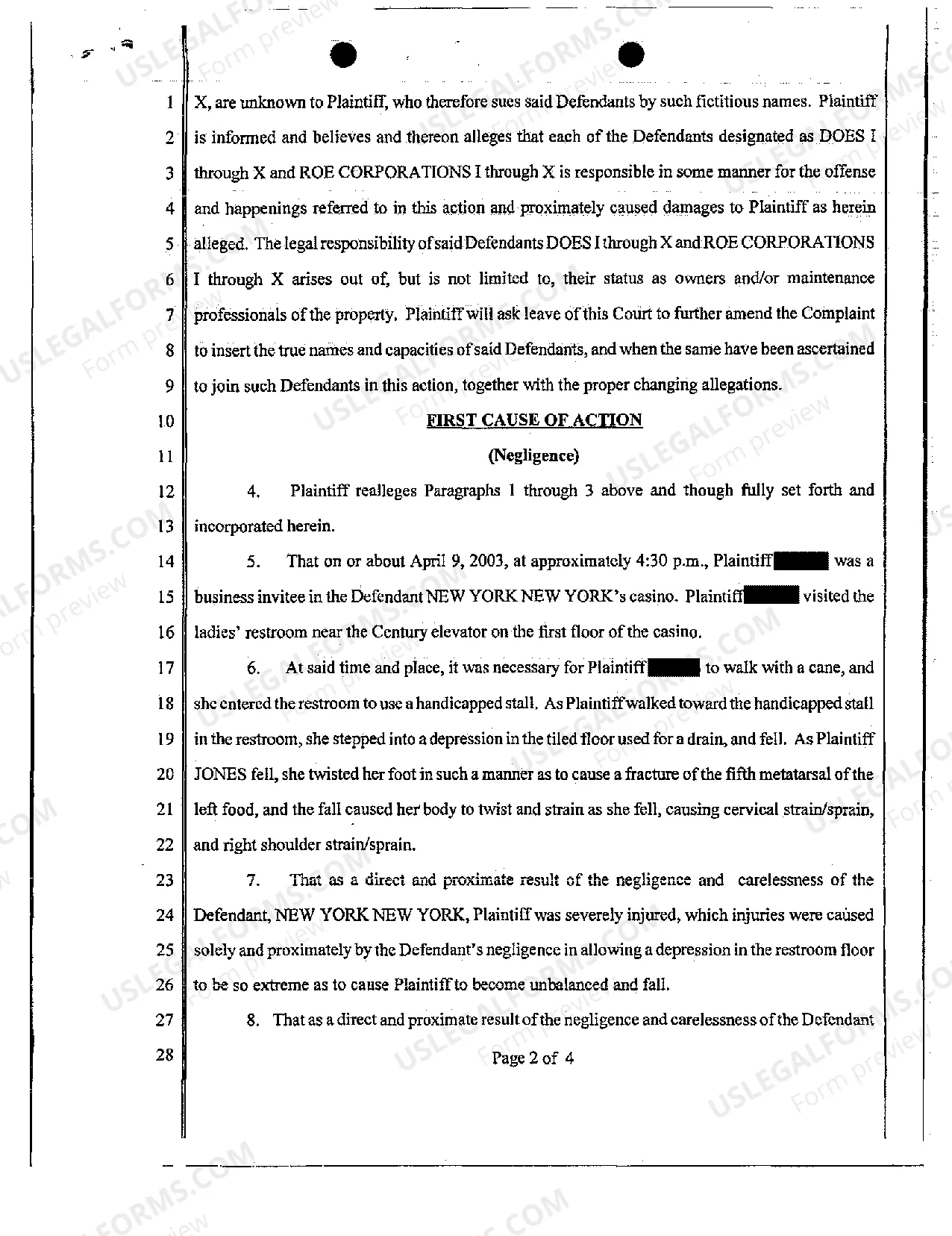 Preview Complaint - Personal Injury Slip and Fall in a Restroom of Casino