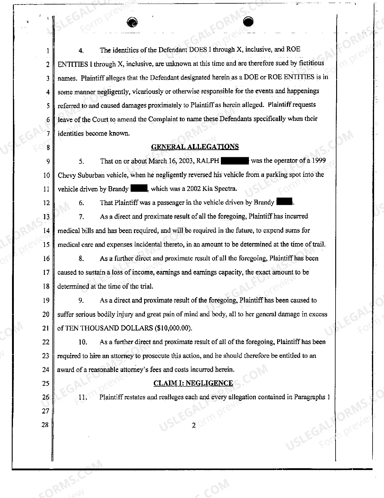 Preview Complaint - Personal Injury Due to Negligent Reversal of Motor Vehicle