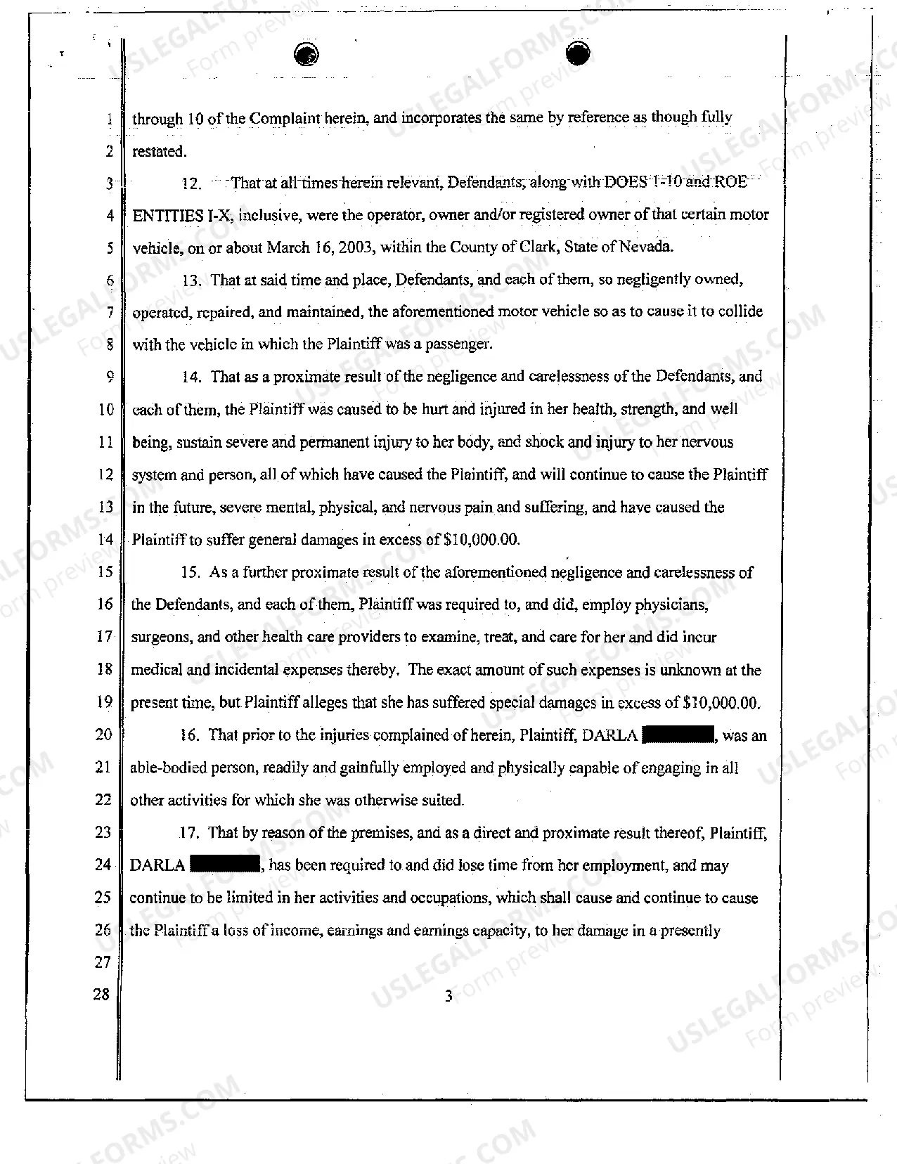 Preview Complaint - Personal Injury Due to Negligent Reversal of Motor Vehicle