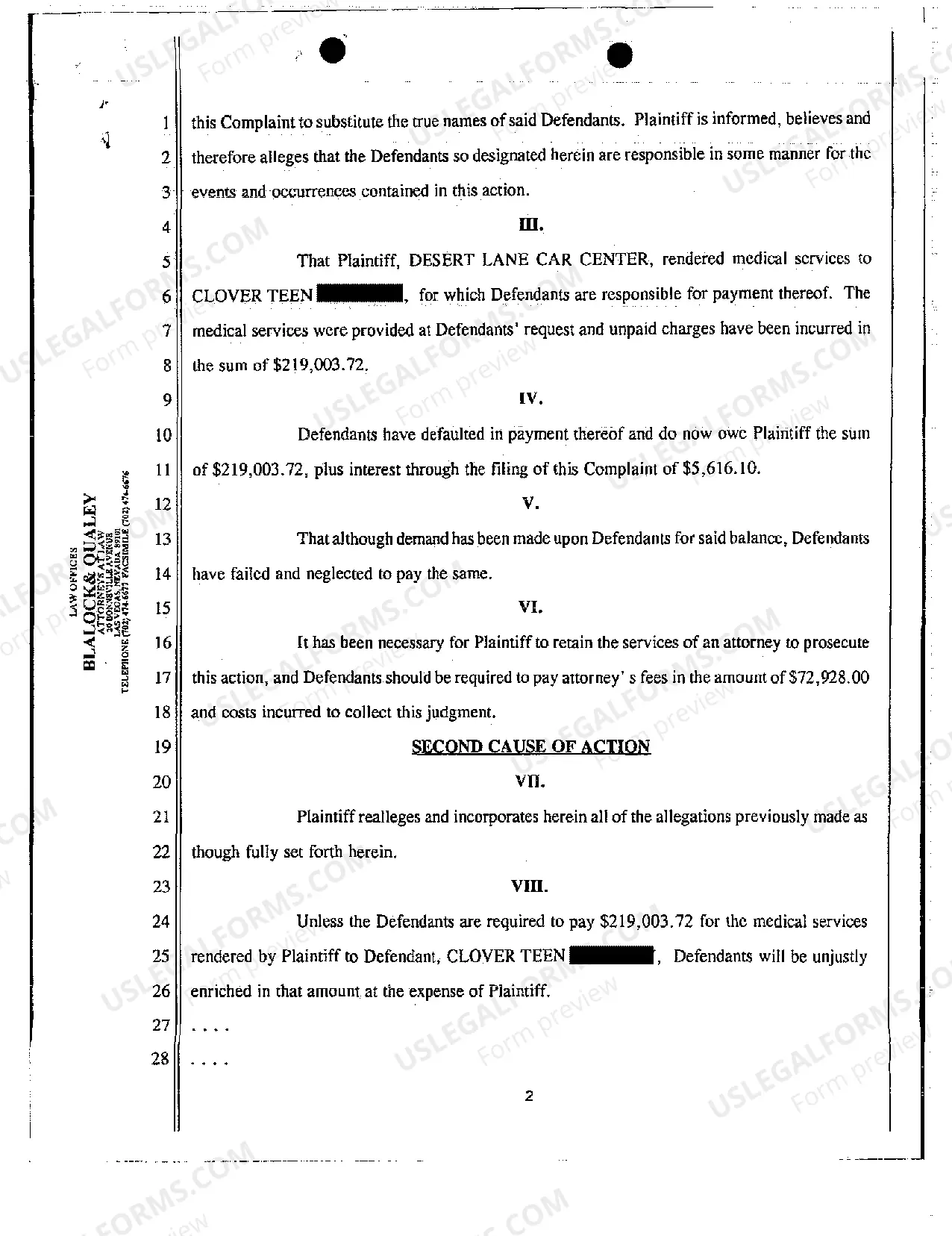 Preview Complaint - Reimbursement for Medical Services