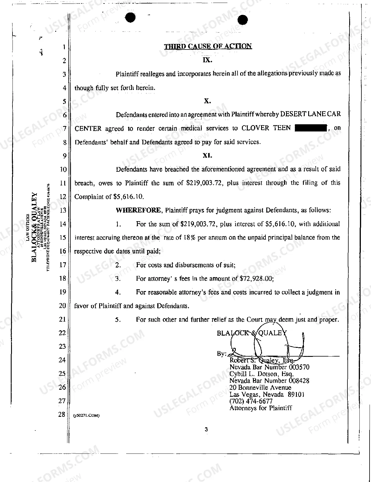 Preview Complaint - Reimbursement for Medical Services