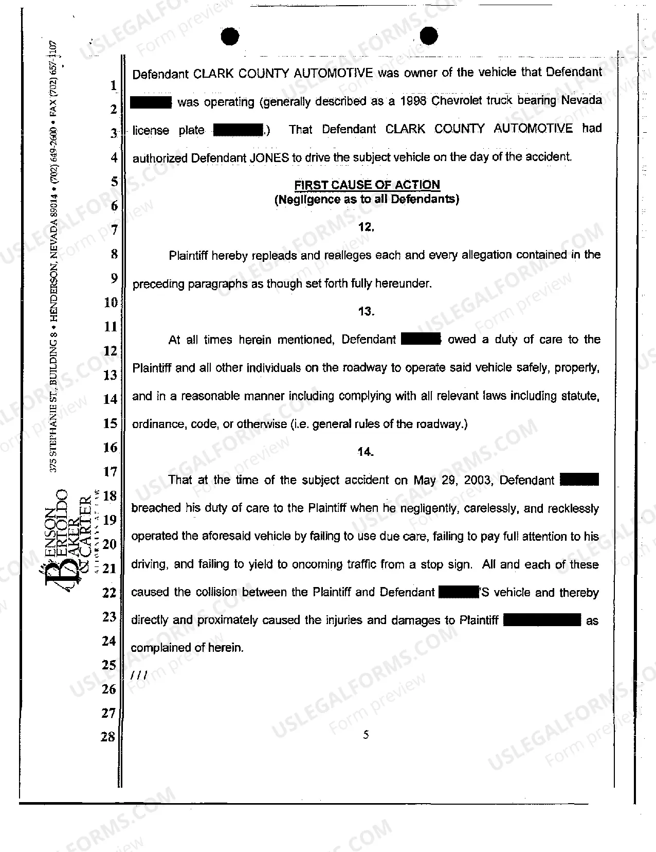 Preview Complaint - Vicarious Liability of Employer for Negligent Motor Vehicle Accident in the Scope of Employment