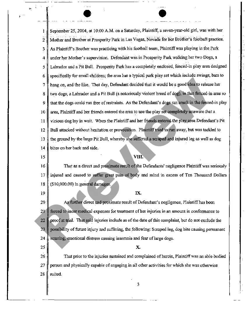 Preview Complaint - Personal Injury Due to Dog Bite from Dog with Vicious Propensities
