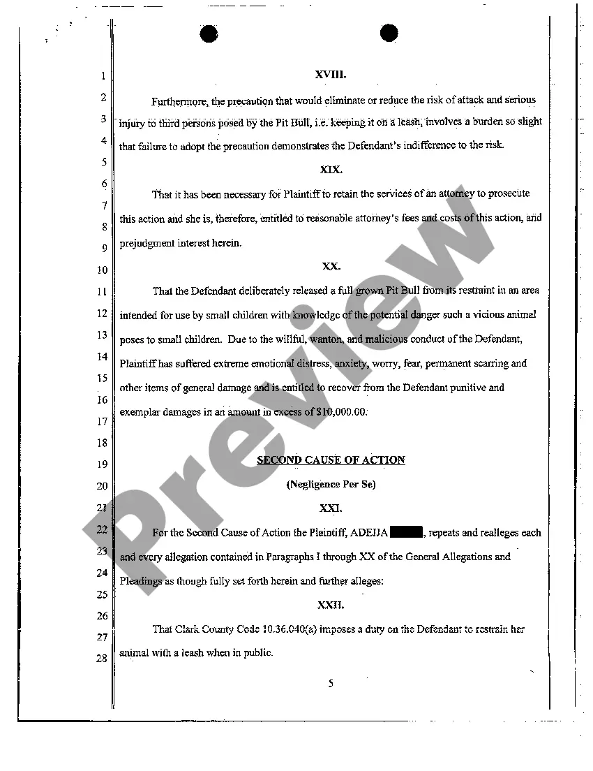Preview Complaint - Personal Injury Due to Dog Bite from Dog with Vicious Propensities