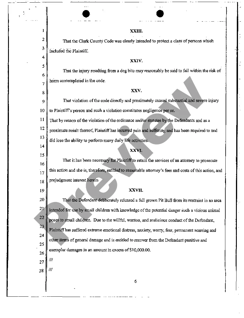 Preview Complaint - Personal Injury Due to Dog Bite from Dog with Vicious Propensities