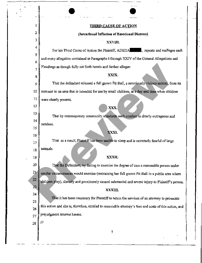 Preview Complaint - Personal Injury Due to Dog Bite from Dog with Vicious Propensities