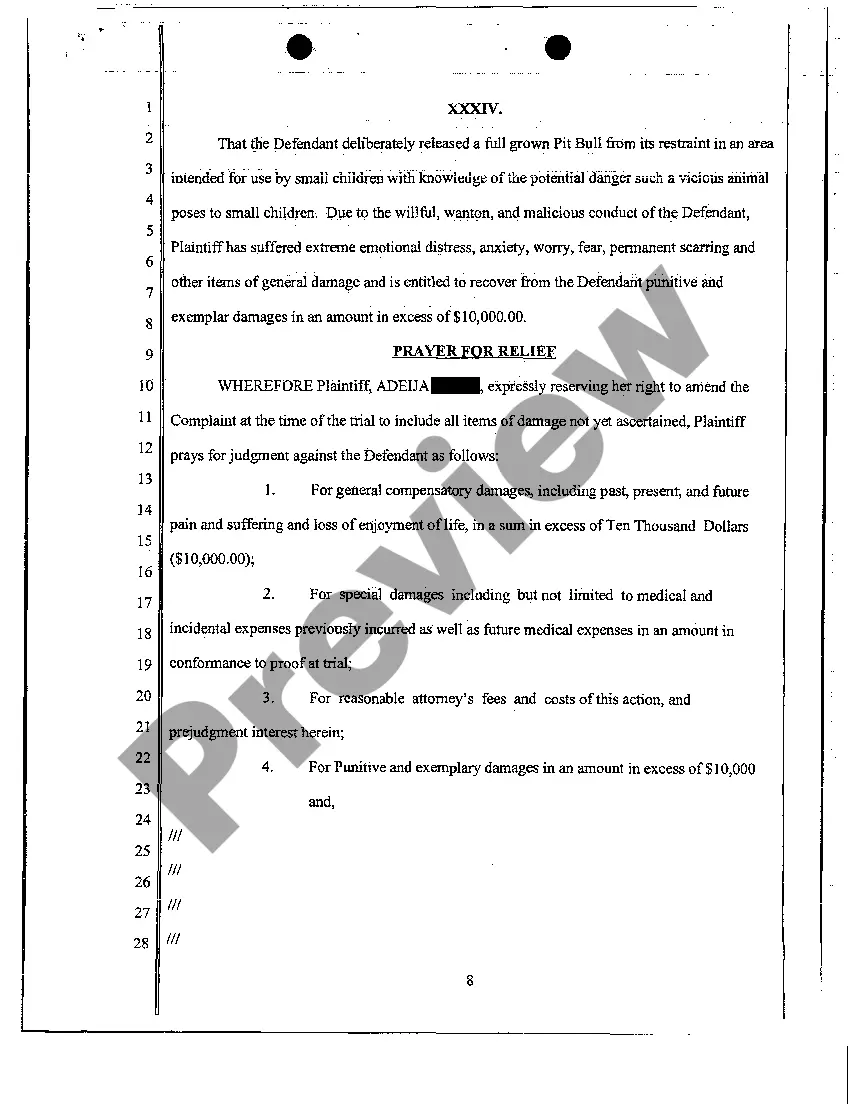 Preview Complaint - Personal Injury Due to Dog Bite from Dog with Vicious Propensities